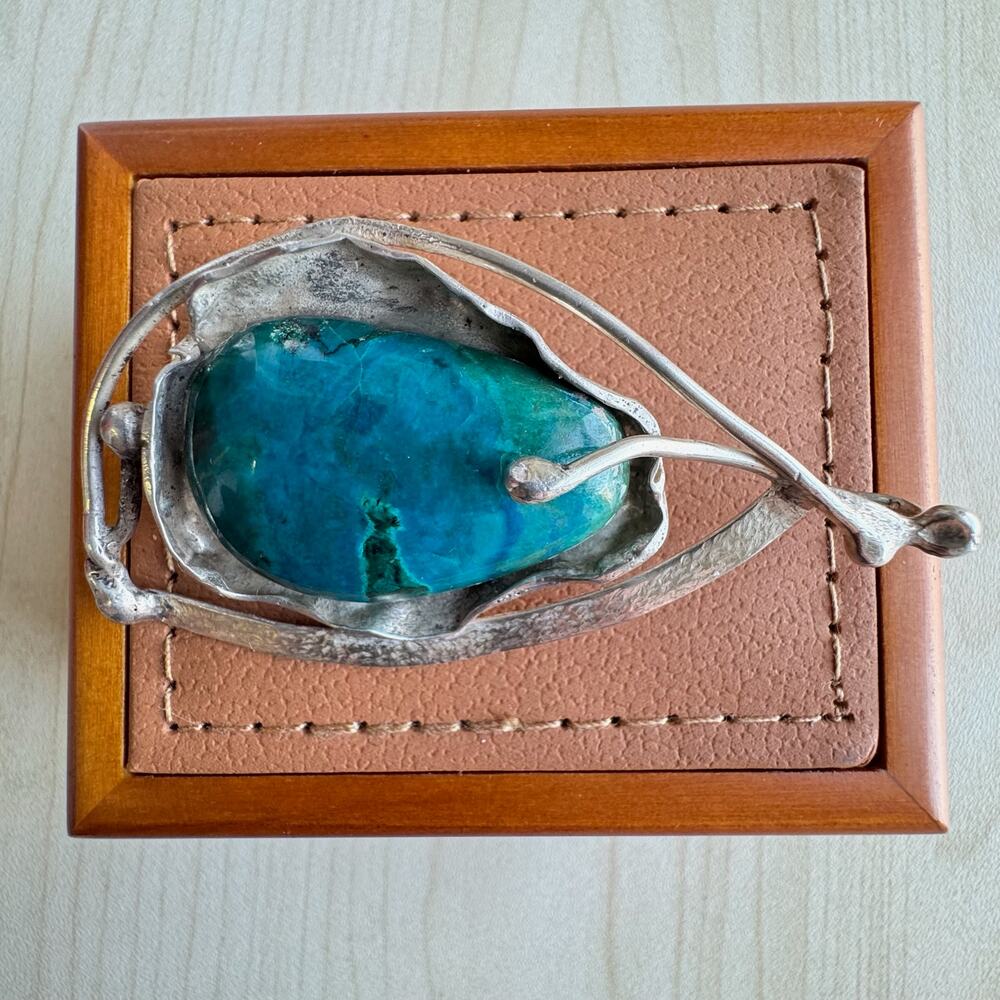 Vintage 925 Sterling Silver Chrysocolla  Handmade Modernist Brooch Pin